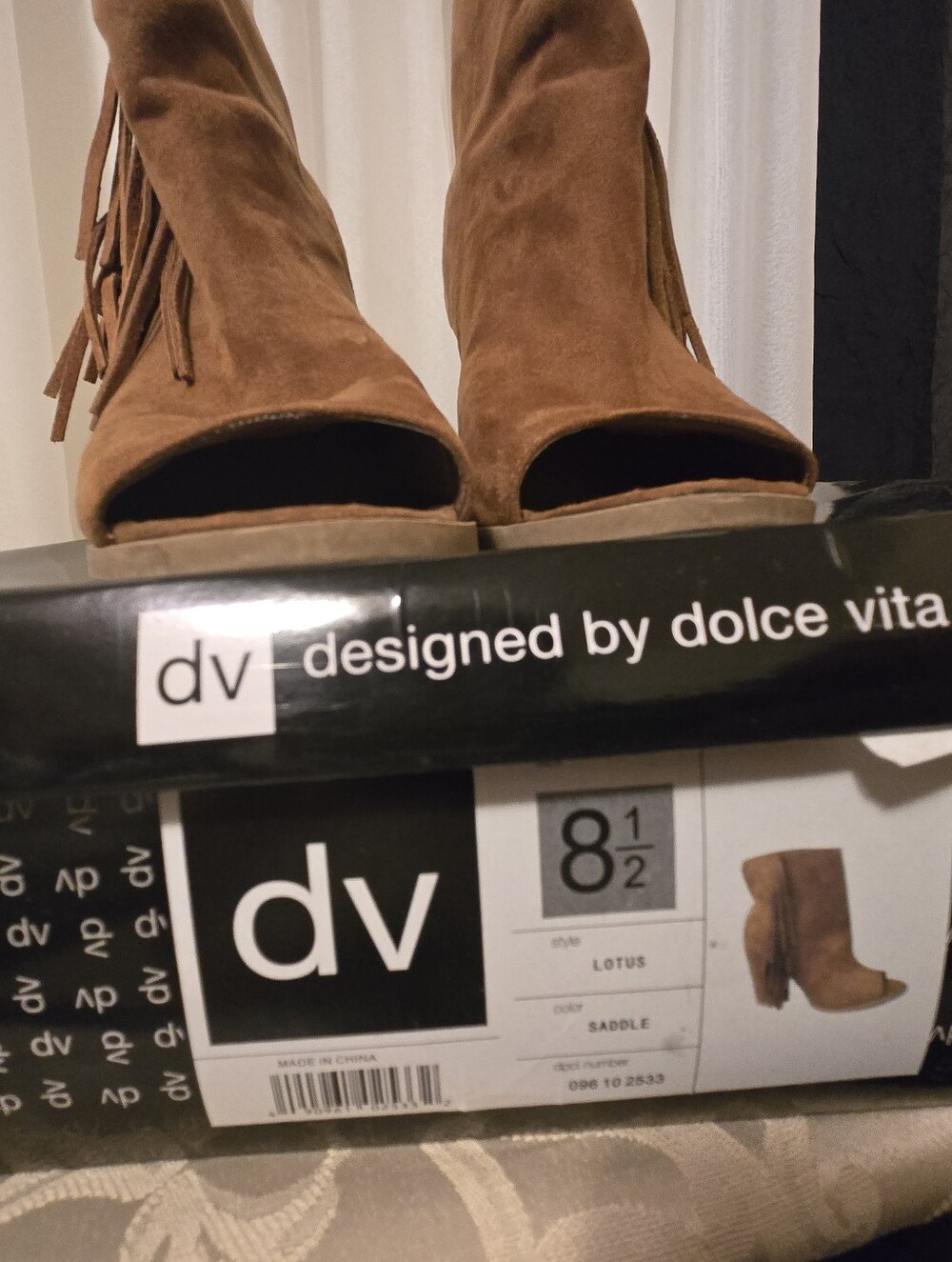 dv by Dolce Vita Saddle Brown Suede Peep-Toe Fringe Booties